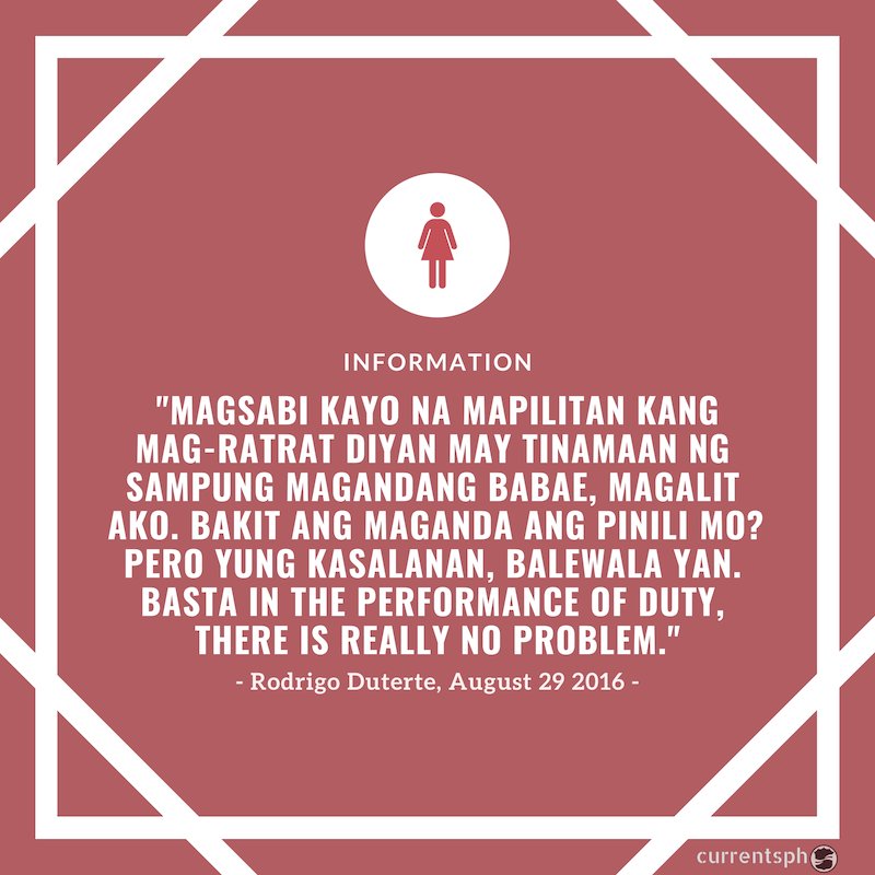 currentsph's tweet photo. When #Duterte connects objectification of women (don’t kill the pretty women) with condoning the killing of citizens. #misogyny #tatakDuterte #impunity #violenceagainstwomen #presidentialmisogyny https://t.co/JEoK61Lf55