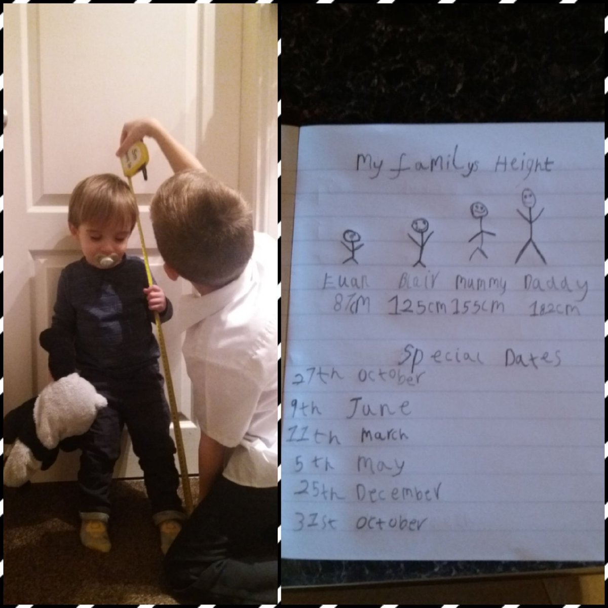 Sutherland1103's tweet photo. Blairs family heights & special dates 📏🗓 #mathsweek2018 @MorayPrimary3S @MorayPS https://t.co/JRGQVtHr0U