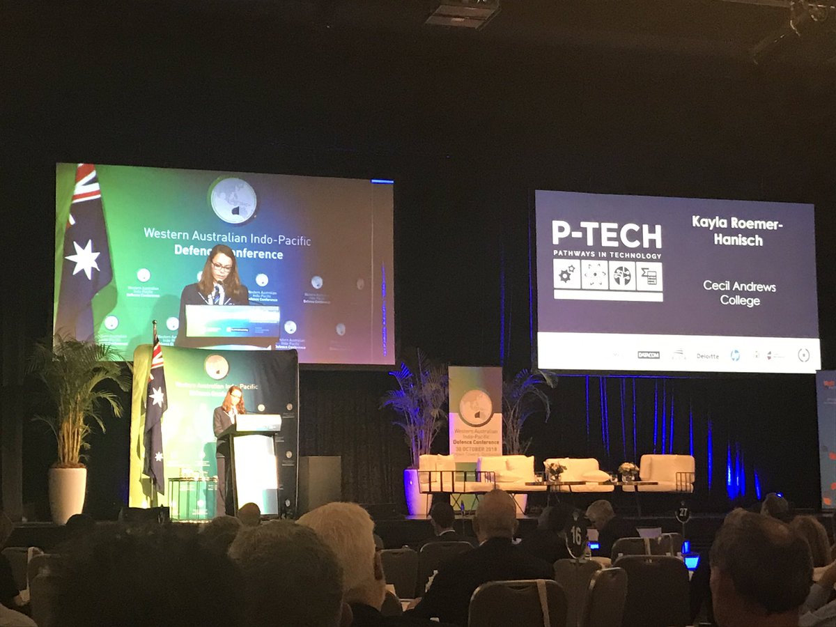 One of our year 12 graduates Kayla  presenting at the <a href="/PerthUSAsia/">Perth USAsia Centre</a> Indo-Pacific Defence Conference today talking about <a href="/ptechaustralia/">P-TECH Australia</a> and how it changed her career pathway. Great to see our partners <a href="/austal/">Austal</a> <a href="/ThalesAustralia/">Thales Australia</a> @CivmecCE <a href="/smtafe_tweets/">South Metropolitan TAFE</a> there today too!