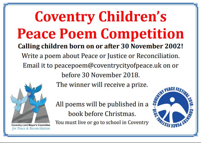 #Coventry Children's Poetry Competiton! Please RT! @CovCityOfPeace @Coventry2021 @CoventryCanon @bigcomfybooks @HereComesEvery1 @covlibraries @Cov_Writers @CoventryUpdates @TellCoventry @CoventryLatest @CovPresYouth @EnjoyCoventry @AGCPSprimary @CouncilCoventry @waterstones_cov