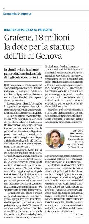 Da #startup a #SPA: 18 milioni di euro di finanziamento dal gruppo Pellon alla "fabbrica di grafene", @Be_Dimensional, nata in IIT e fondata dal Direttore dei Graphene labs <a href="/vittoriopelleg/">vittorio pellegrini</a> e da Francesco Bonaccorso. 

La notizia di oggi in edicola con <a href="/sole24ore/">IlSole24ORE</a>