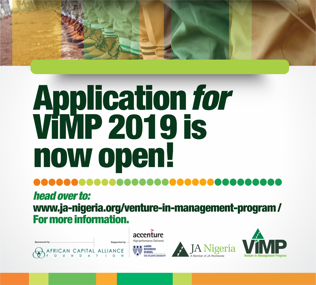 JANigeria's tweet photo. Application for #ViMP2019 is now open! Spread the word as someone needs to know this...
Head over to https://t.co/zEsNRq8pZY to get started.
#ViMP2019 #MiniMBA #YouthEmpowerment #NYSC #Youth #ApplyNow #TellAFriend #ACAFoundation #LBS #Accenture #JAN
@JA_Africa_ @JAWorldwide https://t.co/igSORpT5Pl