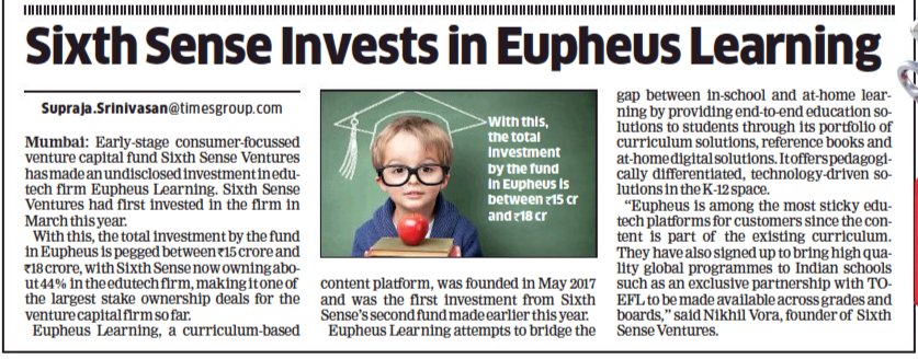 MediaMicPR's tweet photo. Sixth Sense ReInvests in Eupheus Learning!

#The @EconomicTimes #Startupstories #Funding #Investments #Edutechtrending #Growingstartupecosystem https://t.co/gMaP34MWfA