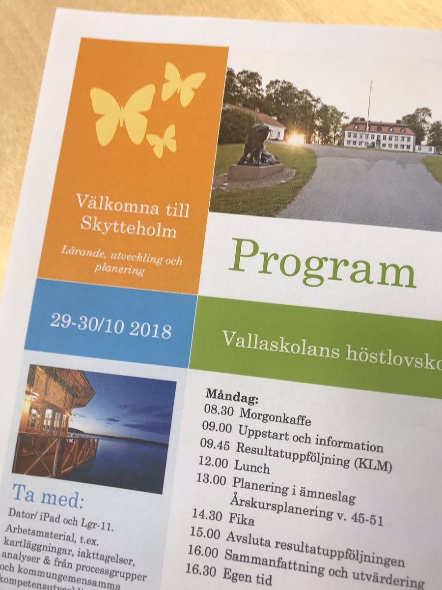 UlrikaHV's tweet photo. Dag två på Skytteholm! Första dagen så intensiv att jag inte ha få iväg ens ett tweet... #reflektionenkommerefterhand #vallaskolan #rektor #SKA #kompetensutveckling https://t.co/zLIYZa45Zb