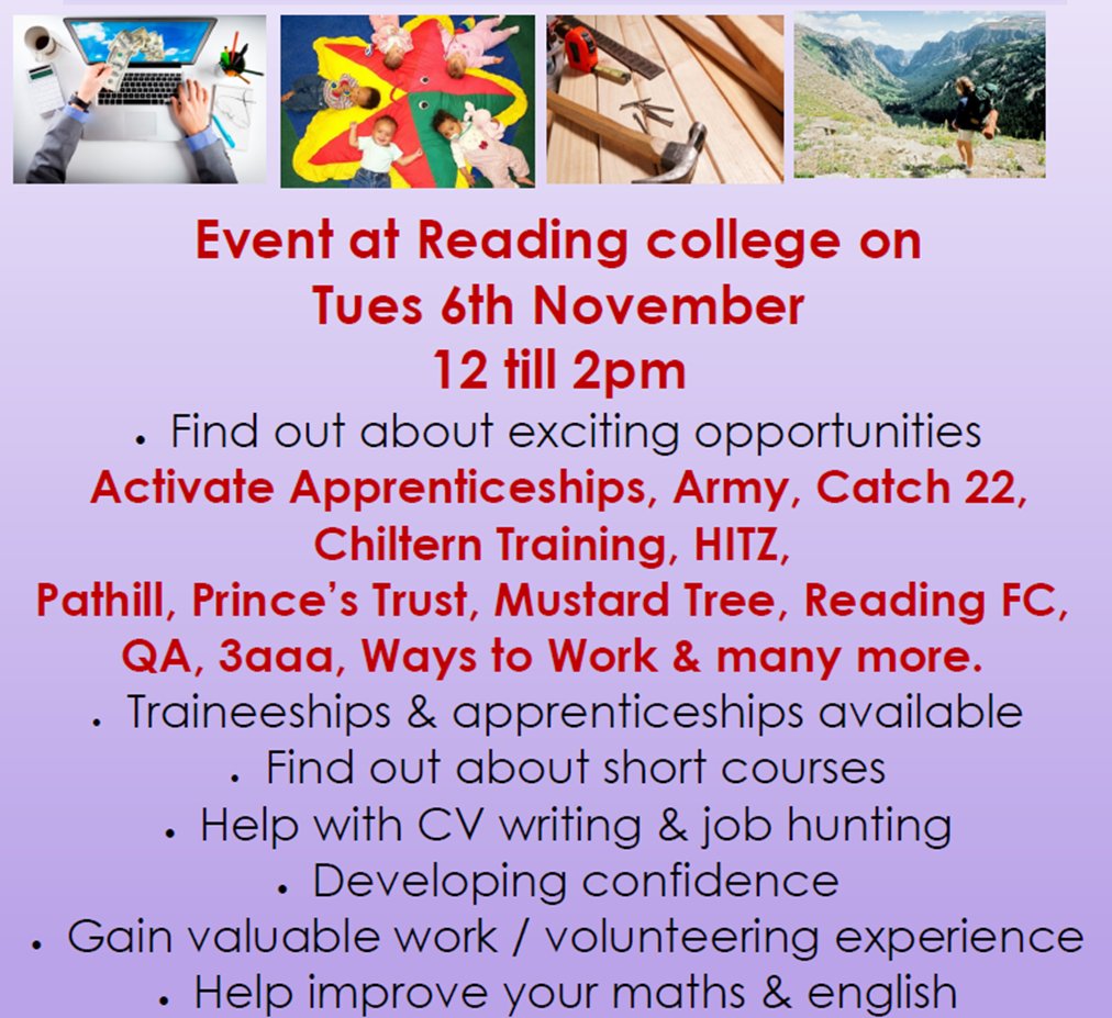 If you're 16-19 and out of work, @adviza_reading are hosting an event at @ReadingCollege on Tuesday 6th November, 12-2pm for you to find out about exciting #opportunities... 
#Berkshire #Apprenticeships #Success #ElevateBerkshire #ElevateReading