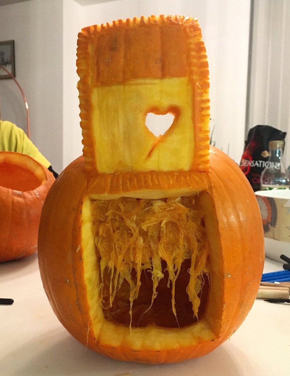 grphood's tweet photo. And here’s my 2018 topical carving. Attempted #Banksy Shredder a la pumpkin 🤔 https://t.co/Qssxn0diDD