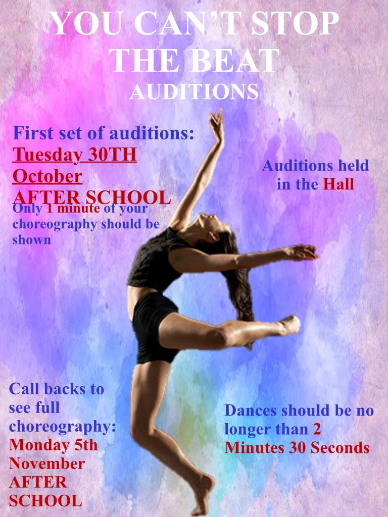 CarshaltonHigh's tweet photo. 'You Can't Stop the Beat' auditions are today after school. Call backs will be Monday 5th Nov after school. Happy dancing! #audition #dance #performance @CHSG_SixthForm https://t.co/fnZSnUVjCv