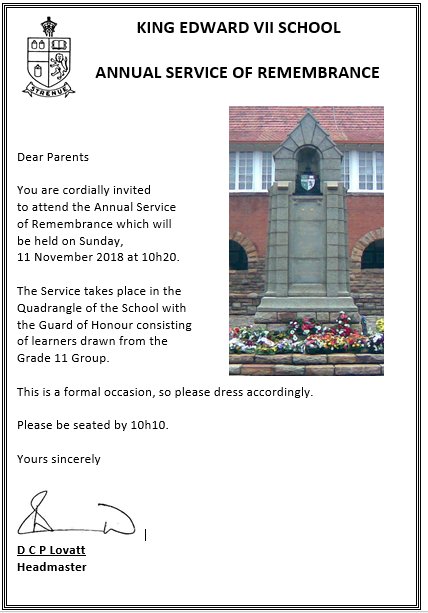 KingEdVIISchool's tweet photo. #ServiceofRemembrance #2018 @KingEdVIISchool Sunday, 11 November.

Join us at our Annual Memorial Parade.

#LestWeForget #WeWillRememberThem #centenaryoftheendofWW1 https://t.co/fUiYZmfOnu