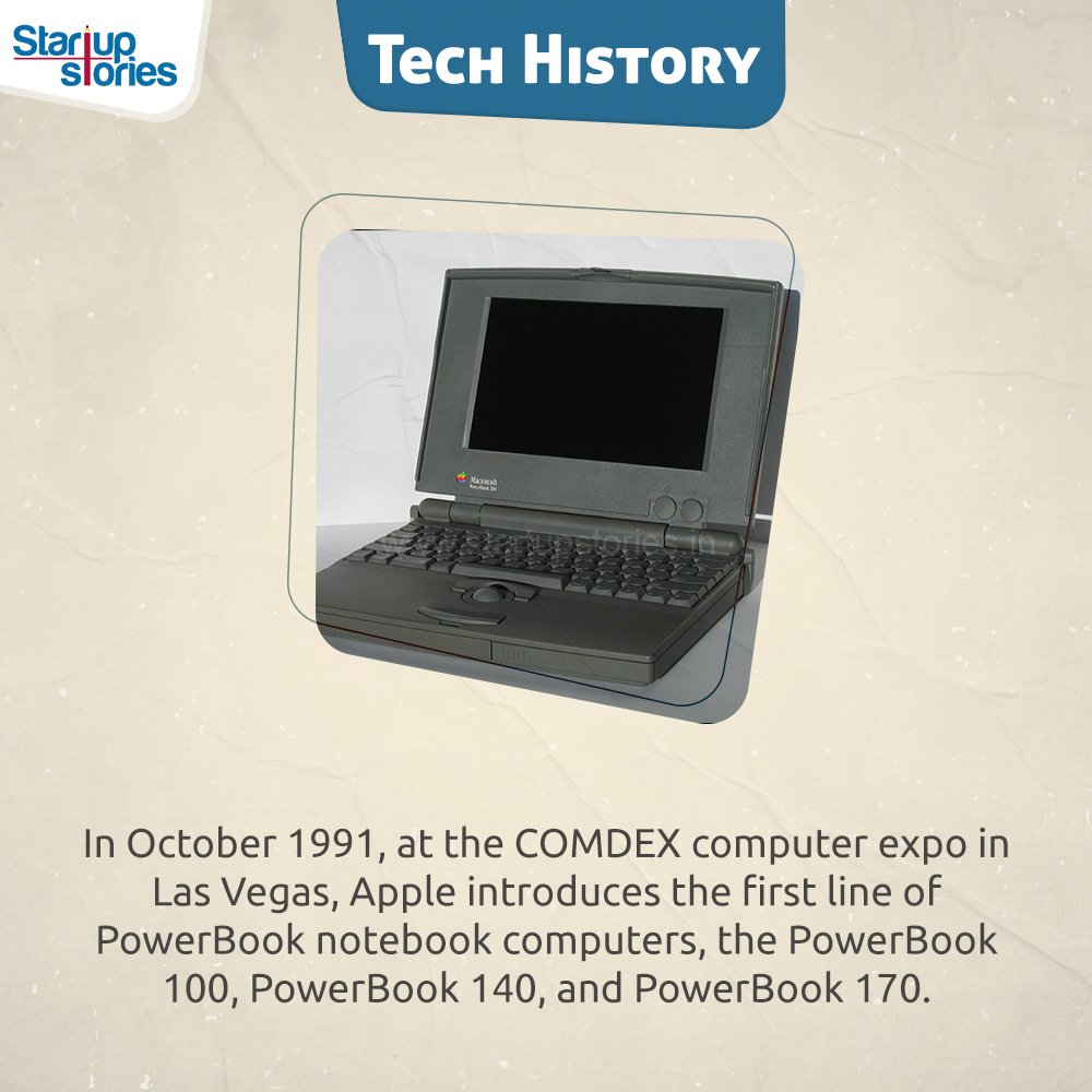 stories_startup's tweet photo. Apple created history in October 1991 by introducing with its #PowerBook range of products. 

#StartupStories #Apple #TechHistory #ApplePowerBook #Technology https://t.co/IGZQ9xKmXs