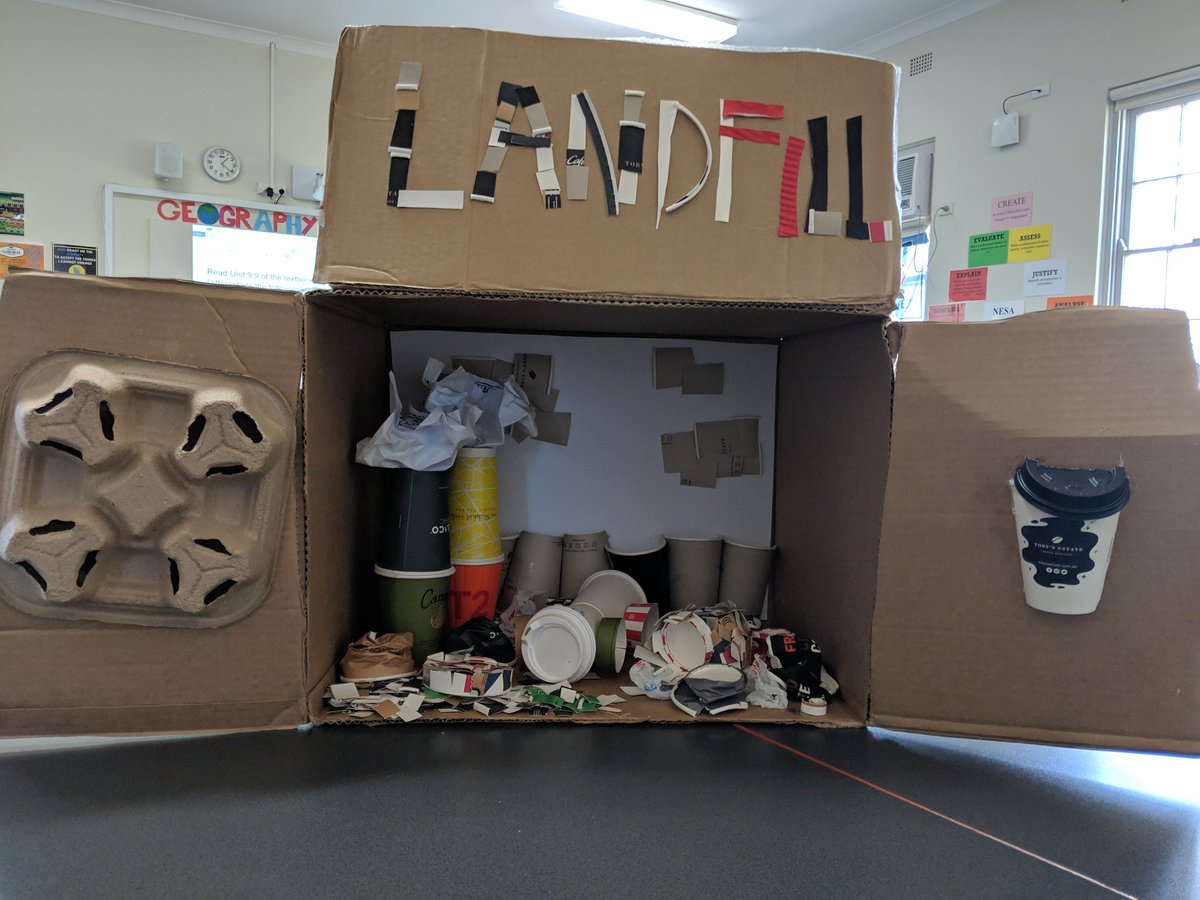 Mr_Sciortino's tweet photo. Yr 10 #geography #pbl to highlight just one #plastic #waste issue - single use coffee cups. Ss created some amazing products: posters, commercials, models. Very proud of the boys. #GeoSPC Helping out with the #WarOnWaste one class at a time @craigreucassel https://t.co/fVWOKFvROM