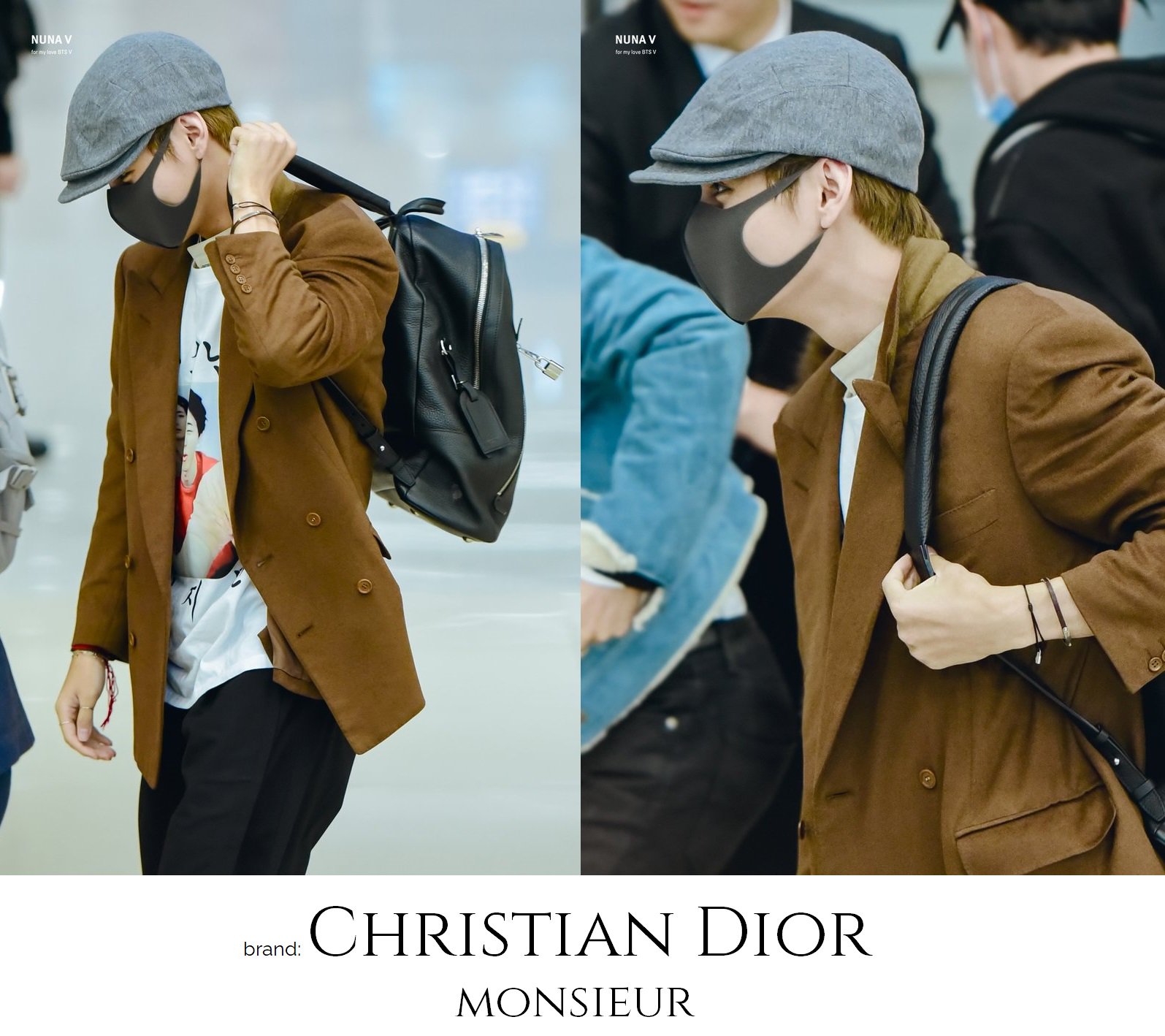 Beyond The Style Alex on X Christian Dior Monsieur brown camel double breasted sport blazer Louis Vuitton backpack Louis Vuitton x UNICEF bracelet TAEHYUNG BTS 181024 airport TAEHYUNG V