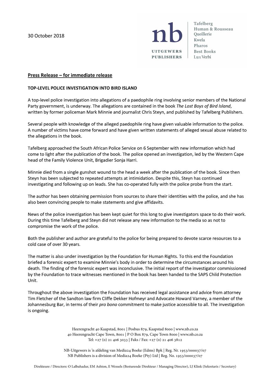 jbp_local's tweet photo. A top-level police investigation into allegations of a paedophile ring involving senior members of the NP government, is underway. The allegations are contained in the book The Lost Boys of #BirdIsland, written by former policeman #MarkMinnie and journalist Chris Steyn. https://t.co/EwRwGWACrj