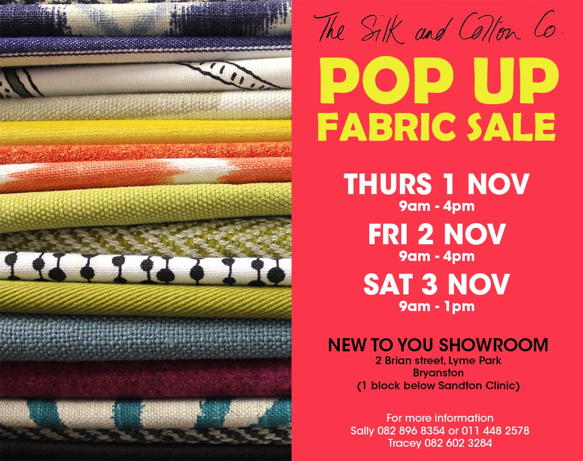 Our POP UP Fabric SALE start this Thursday 1st of November at the New to You SA showroom in Bryanston. #diarize #fabrics #patterns #interiors #thesilkandcottonco #furnture #objekt #getthereearly #dontmissit #popupshop