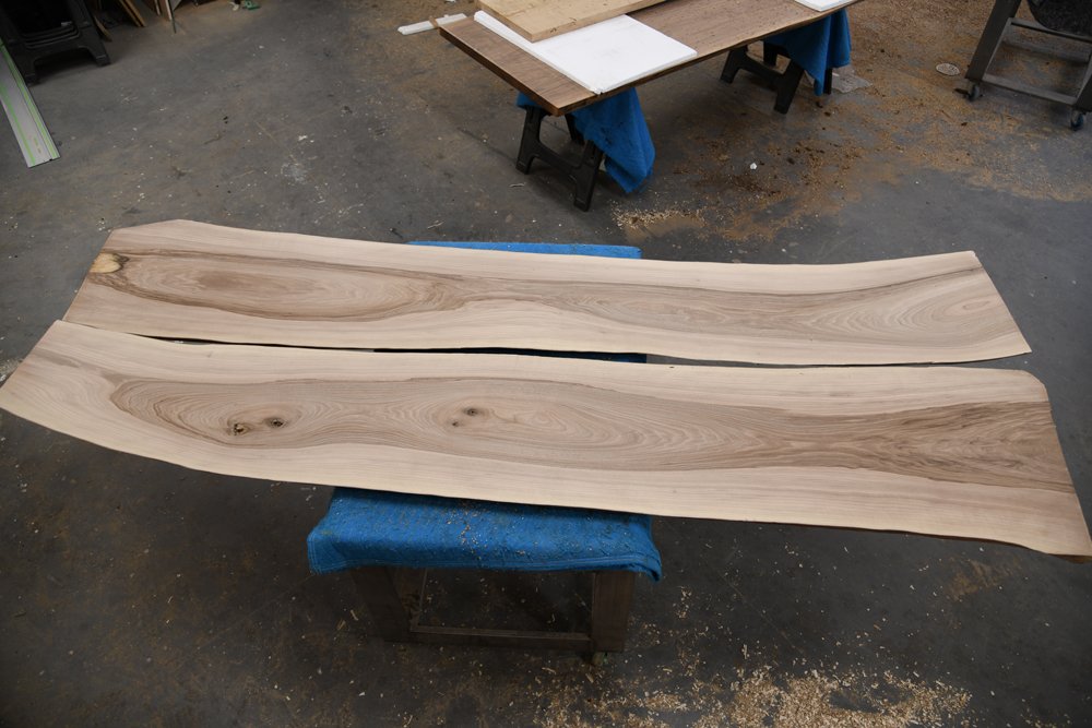 WickedMata's tweet photo. Taking shape in the workshop today: a couple of stunning french walnut slabs that will be joined together later this week. Stunners 😍 https://t.co/PswZjClnQJ