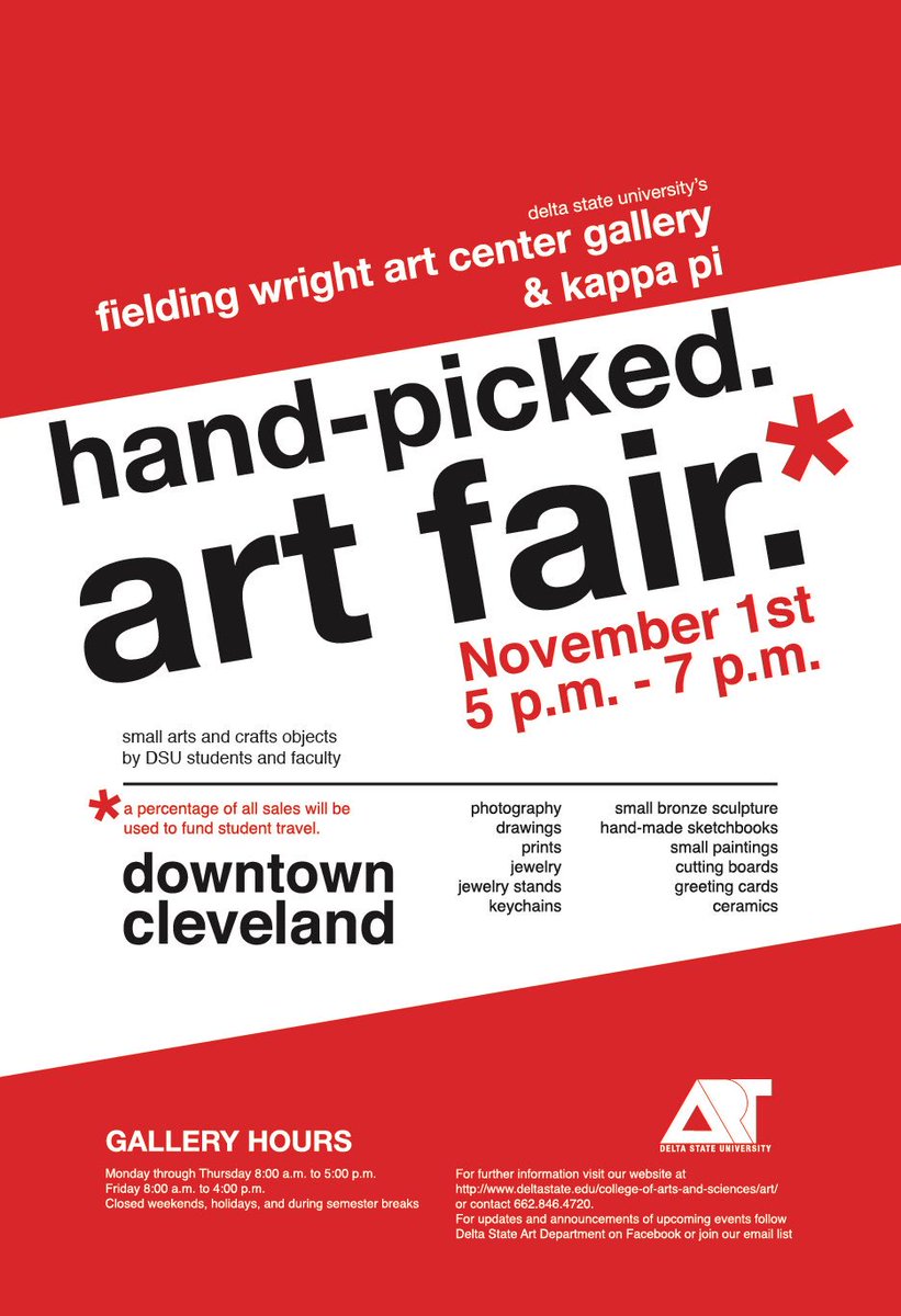 FcsDelta's tweet image. If you are looking for unique gifts for the upcoming holiday season, stop by the Hand-Picked Art Fair sponsored by DSU's Art Department this Thursday, November 1, between 5:00 and 8:00 pm, in downtown Cleveland next to Cleveland Bites.