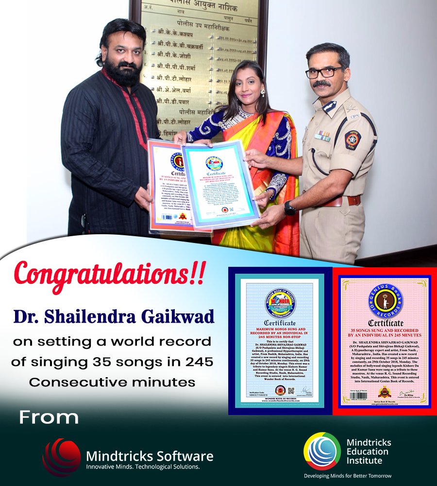 MindtricksSoft's tweet photo. Mindtricks Software team Congratulates Dr Shailendra Gaikwad for setting a World Record for recording 35 Song in 245 Consecutive minutes

We appreciate the dedication and zeal to achieve such a milestone
#mindtrickssoftware #Worldrecord #webdevelopment #mobileapp #MEANstack https://t.co/fNSUqJrAOq