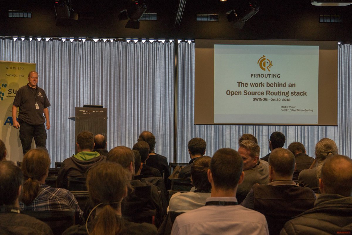 swinog's tweet image. Martin Winter on &quot;FRRouting: The work behind a Open Source Routing stack&quot;NetDEF/OpenSourceRouting (@OSRForum)#opensourcerouting #SwiNOG34  #SwiNOG