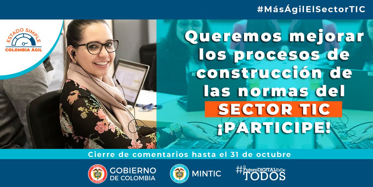 ANDigital_Col's tweet photo. 🗣️Queremos conocer su opinión, ¿cuáles normas del Sector TIC deben ser mejoradas o eliminadas? Díganos: https://t.co/4WcfrKfiWg ✅#MásÁgilElSectorTIC #ColombiaÁgil #ElFuturoDigitalEsDeTodos https://t.co/bKnlAZ1N5w