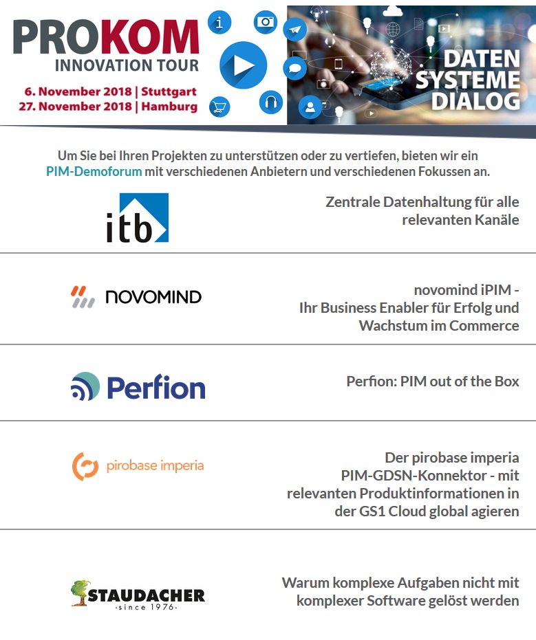 prokomkongress's tweet photo. Sie haben Fragen zu #Produktinformation, #Produktkommunikation & #Omnichannel? Dann kommen Sie zur #PROKOM IT und tauschen sich mit Spezialisten aus. #PIM-Demoforum.
#prokom18 #NDK #ProductData #MDM
Programm und Tickets: https://t.co/JOYTIHbBXd https://t.co/HJFnV06Nqb