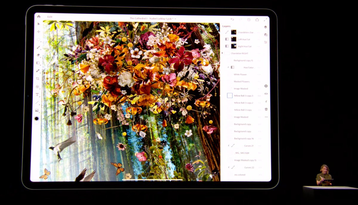 TechCrunch's tweet photo. Adobe just showed a 157 layer PSD being edited live. It's super smooth.

https://t.co/Tsrnltttvu #AppleEvent https://t.co/jgQARCA58t