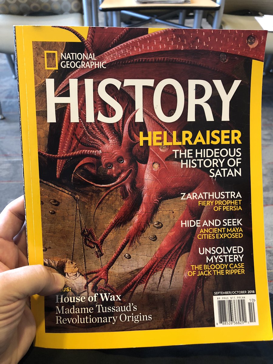 52. Great reading material in this waiting room. I’m learning a lot about Satan and visions of Hell thanks to  @NatGeoMag. I like how this demon here is totally chowing down. Sinner rhymes with dinner.