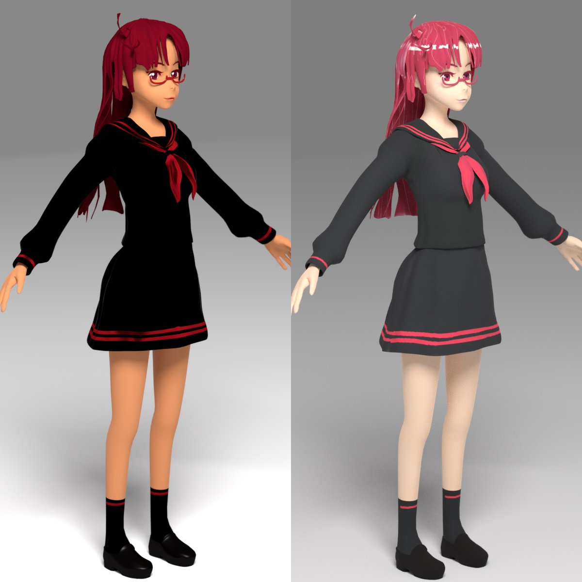 Ginneko3d Material Vs Texture Blender d ケムリクサ テクスチャ塗り完了 塗り絵の出来がrender結果に直結 ここにきて画力が要求されてる 全体的にソフトで白くなった 塗り方 2d風 レンダ速い どちらも一長一短か 服 メガネ 靴はマテリアルの方が