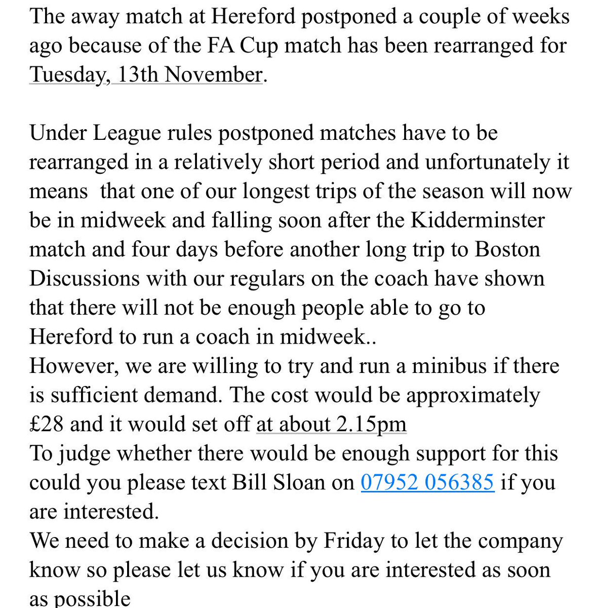 trustinyellow's tweet photo. TIY statement on coach travel for the @southport_fc match versus Hereford on Tuesday 13th November https://t.co/nnhnj33X2j