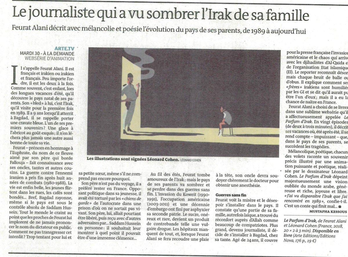 Un papier qui fait extrêmement plaisir
merci <a href="/lemondefr/">Le Monde</a> et @MustaphaKessous 
Pour ceux à qui cela donne envie de voir #LeParfumdIrak, c'est ici
arte.tv/fr/videos/RC-0…