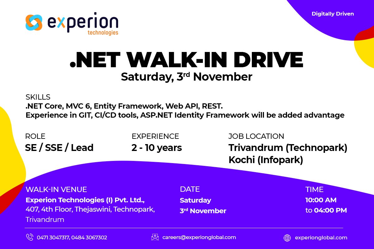 experionglobal's tweet photo. Interested in joining us for an exciting new ride? Here's a chance for you to embrace change. We're looking for talented professionals in the .NET space. Walk-in for challenging assignments and opportunities fast-forward your career.! https://t.co/bV6Q6fqeX2