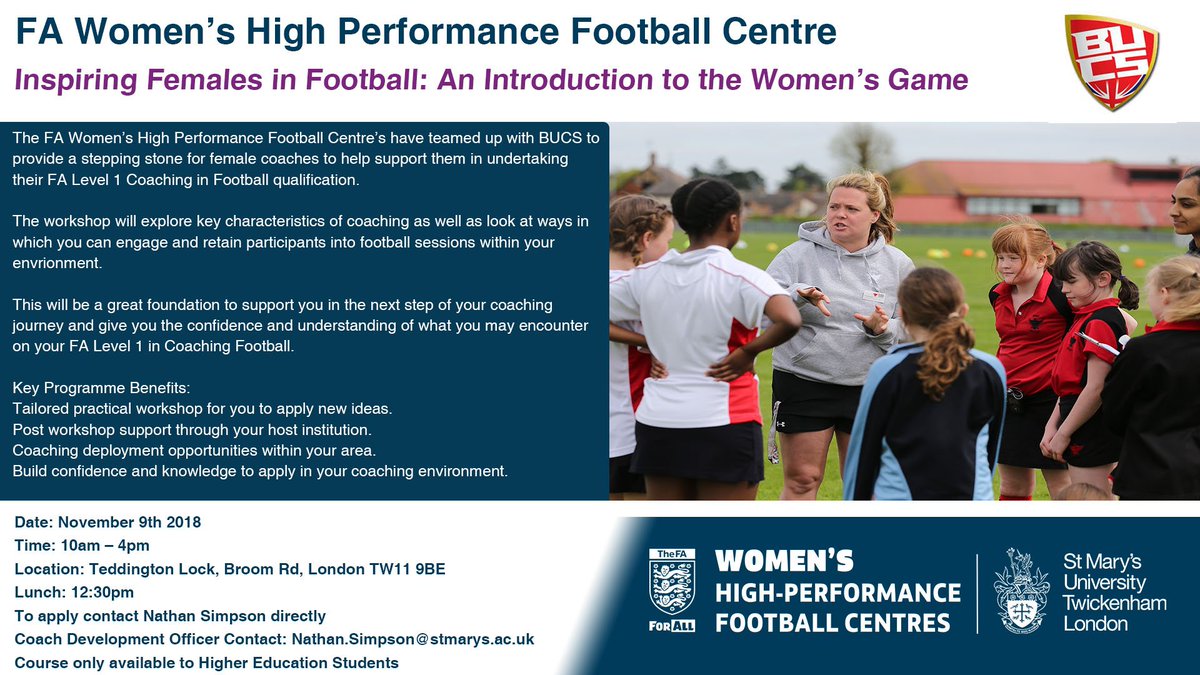 surreyfa's tweet photo. ⚽️Great opportunity at @FA Women's High Performance Football Centre's as they have teamed up with @BUCSsport to provide a platform for female coaches.

🗓️ 9th November 2018
⏰ 10-4pm
📍 @StMarysU 
💰 Free to attend
📧 Nathan.Simpson@stmarys.ac.uk https://t.co/xfUzekdUZq