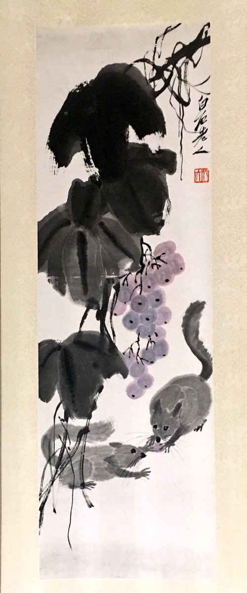 斉白石「葡萄松鼠図」「工虫画冊」 花鳥や蝦蟹などは水墨のぼかしや