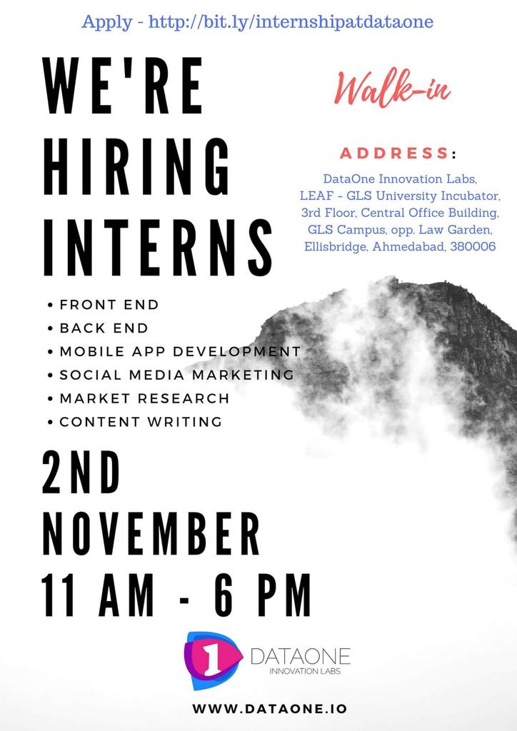 nikunjness's tweet image. We&apos;re hiring interns. Participate in our walk-in drive. Register your interest here: bit.ly/internshipatda…

#DataOne #hiring #internship