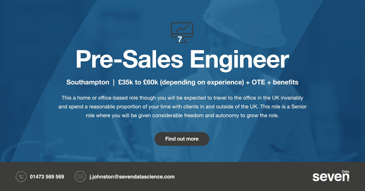 Seven_Data7's tweet image. Seven Data are delighted to have a new client using our Talent pool this week. I am looking to speak to all Pre Sales Engineers looking to join a great company with a fantastic and achievable vision.