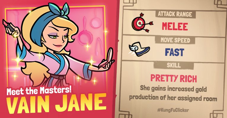 PikPokGames's tweet photo. Meet the Masters! Vain Jane increases gold production in her assigned room. Now that's luxury!
#KungFuClicker https://t.co/LaPzd6Q6PV