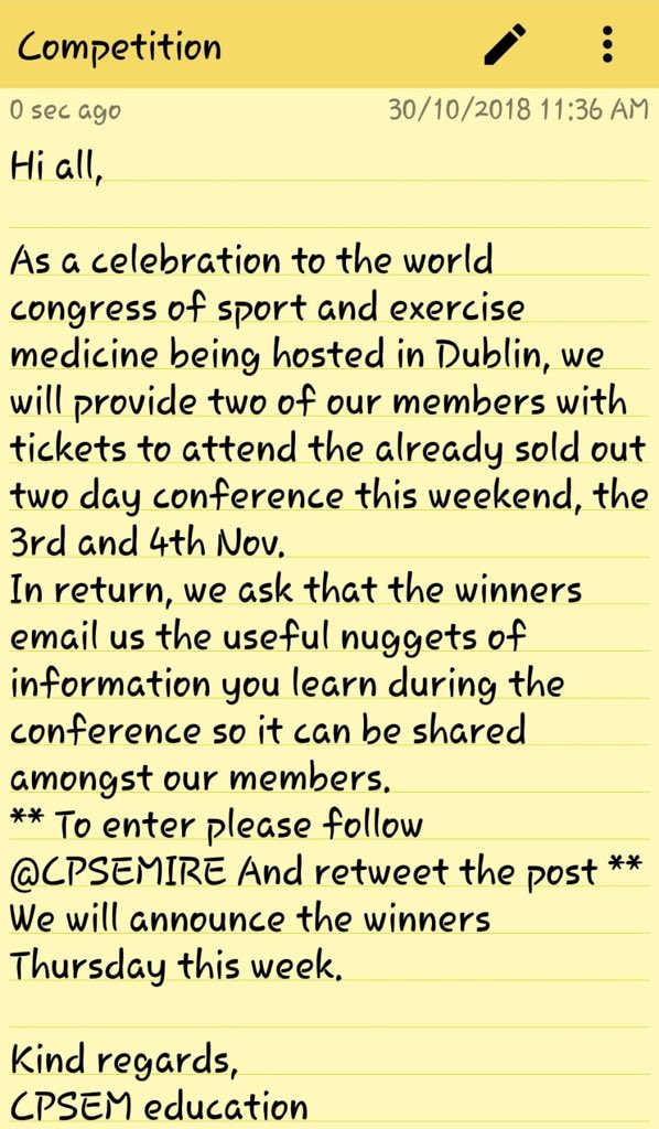 *Attention Everyone* 
Please see below regarding 2 places for the upcoming <a href="/wcsem2018/">WCSEM2019 @wcsem2019</a> conference. 

Follow our account &amp; RT to enter 👌🏼 

#SportsPhysio #Physio #Sport #Ireland #CPD 😁