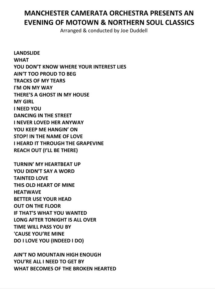 As it's the day before our orchestral 'Out on the Floor' Northern Soul and Motown show takes place at <a href="/BridgewaterHall/">The Bridgewater Hall</a>, let's take a look at the set list from our debut show. What do you think?

There are still a few single tickets available over on tinyurl.com/ycre6qvn