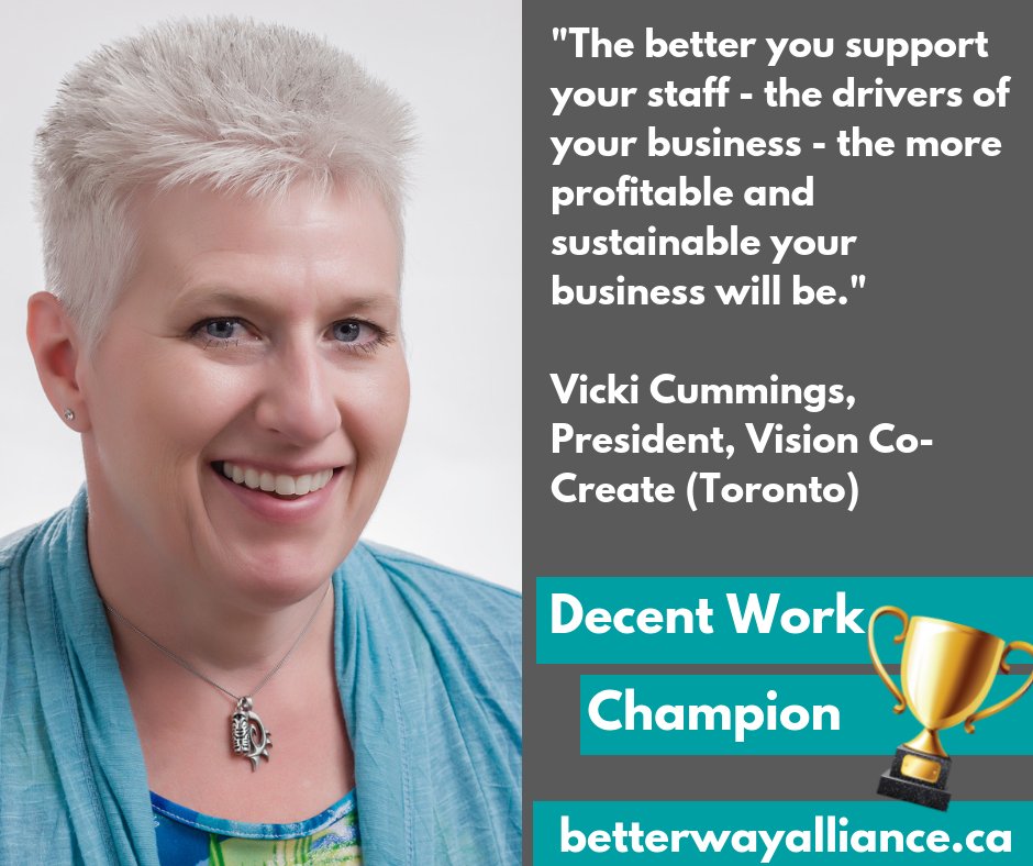Welcome to <a href="/visioncocreate/">Vicki Cummings</a>, a firm with vision, indeed! Vicki and her team work with businesses on creating healthy workplace culture by valuing employees. Another great example of a #decentwork champion in Ontario.