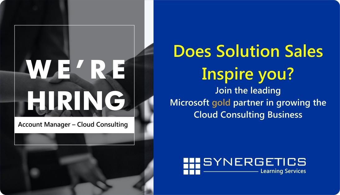 synergetics1's tweet image. Does Solution Sales inspire you?Join the leading Microsoft Gold Partner in growing the Cloud Consulting Business?Apply Now at recruitment@synergetics-india.com #AccountManager #CloudSolutionArchitect #AzureTechnicalManager #MicrosoftAzure #WindowsAzure #SynergeticsCloudConsulting