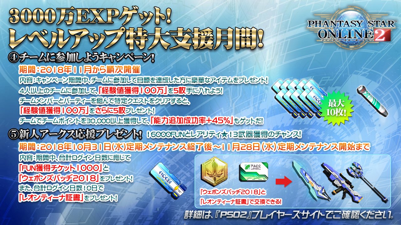 Phantasystaronline2 Pso2 Station 放送中 3000万expゲット レベルアップ特大支援月間 ゲームにログインすると 経験値獲得100万 が毎日手に入るキャンペーンや レベルアップに役立つアイテムが手に入るイベントが盛りだくさん 11月より順次