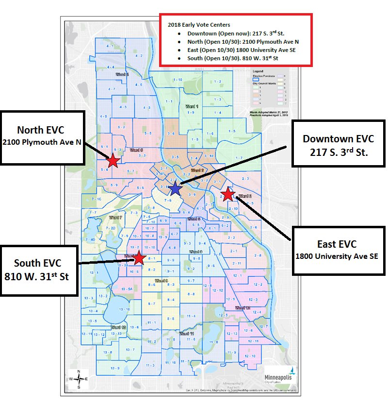 VoteMpls's tweet photo. ALL FOUR EARLY VOTE CENTERS ARE OPEN TODAY THROUGH NOVEMBER 
5th!!! Any eligible voter who is a Minneapolis resident can vote at any location – find the closest one to you, grab ten friends, and go #vote!! https://t.co/dy9ndkxi1F