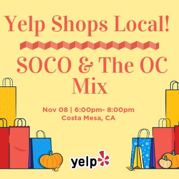 YelpOC's tweet photo. https://t.co/AMFrdxGEJ2 We're getting an early start this year to help make shopping for the holiday season even easier on your mind and wallet. #YelpOC is taking over the @socoandtheocmix in Costa Mesa for a full two hours where Yelpers can save, sample and shop! #yelpshopslocal https://t.co/iwEYfN15RJ