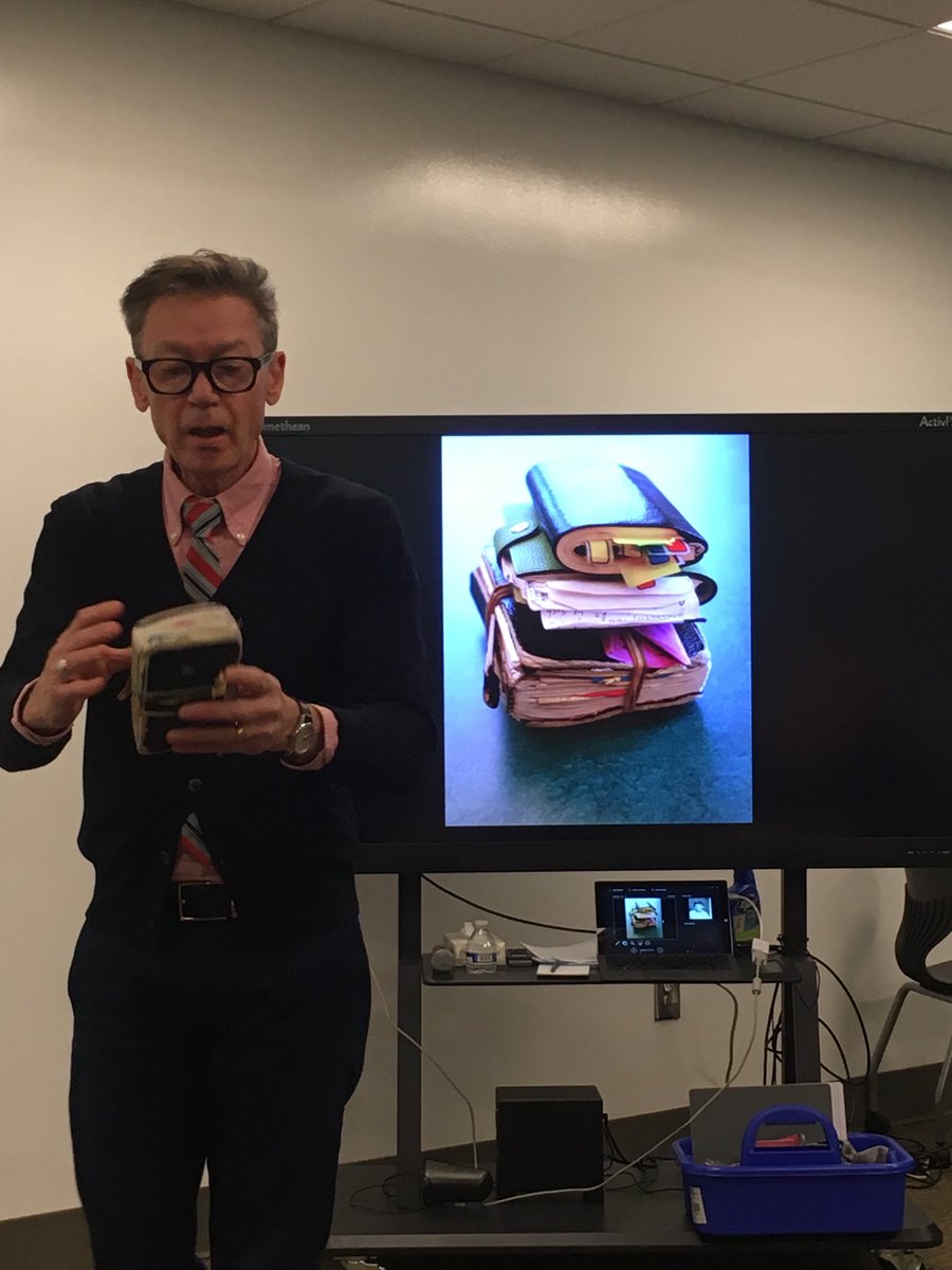 SecondSteinberg's tweet image. Writers need special tools! Journals, pens, “something better than a chewed-up Bic.” Learning so much from Jack Gantos this morning. #LearningFromExperts #TrinityLearns