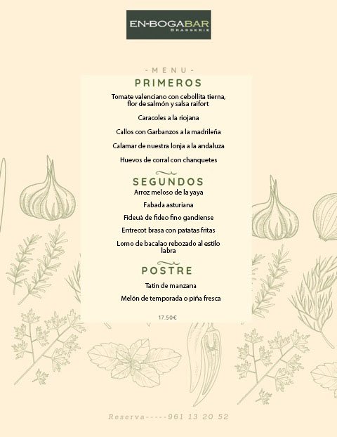 🍴¡Menú del día!🍴

Recordad que en En-Bogabar tenemos menú diario de Lunes a Viernes que incluye un primero, un segundo y un postre😋👌

¡Feliz Martes!
#enbogabar #gastrobar #valencia #brasserie #paella #carnes #tapas #pescados #felizmartes