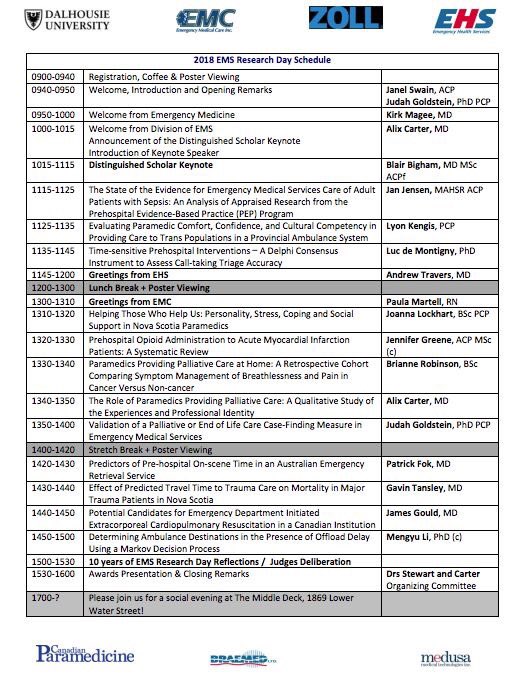 The 10th annual EMS Research Day, featuring keynote speaker <a href="/BlairBigham/">Blair Bigham 🇨🇦🏳️‍🌈</a>, is about to get started! Here’s the rest of the schedule for today. #EMSResearchDay <a href="/DALDivEMS/">Dalhousie Division of EMS</a> @RIM_DalMed