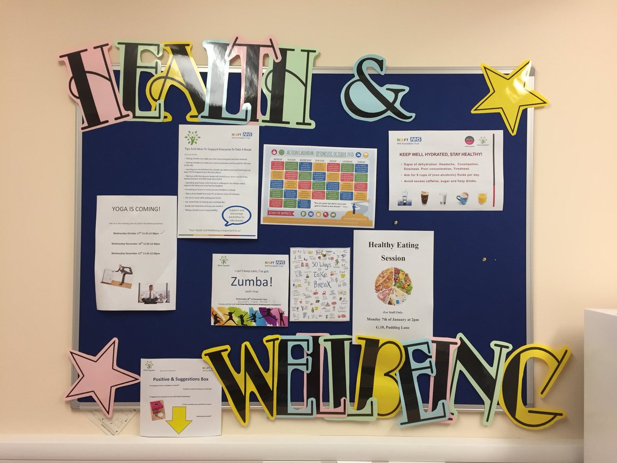 Do you have a health and wellbeing corner in your office? Start by putting up a board like this one where you can pin resources and information for staff! #staffhealthandwellbeing #nelft #nhs #work #mentalhealth #healthandwellness #TakeABreak @NELFT