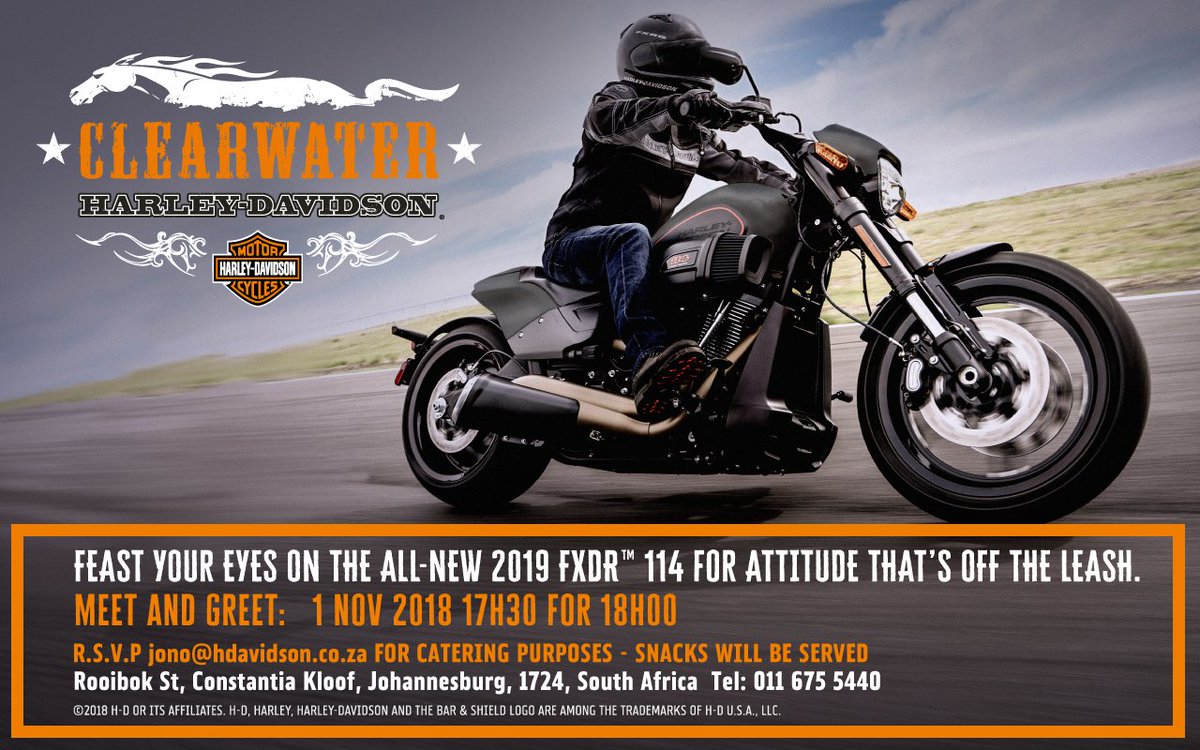 FEAST YOUR EYES ON THE ALL-NEW 2019 FXDR™ 114 
FOR ATTITUDE THAT’S OFF THE LEASH. 
MEET AND GREET: 1 NOV 2018 17h30 for 18h00
R.S.V.P jono@hdavidson.co.za or call 011 675 5440