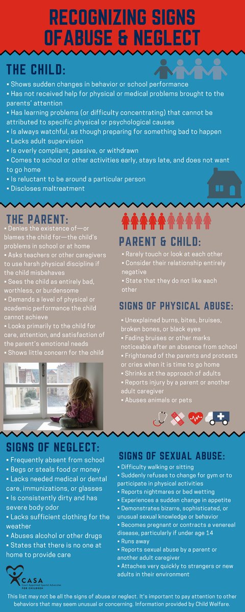 It's important to stay aware of the signs that may signal the presence of child abuse or neglect. Check out and share this infographic on signs of neglect and abuse.