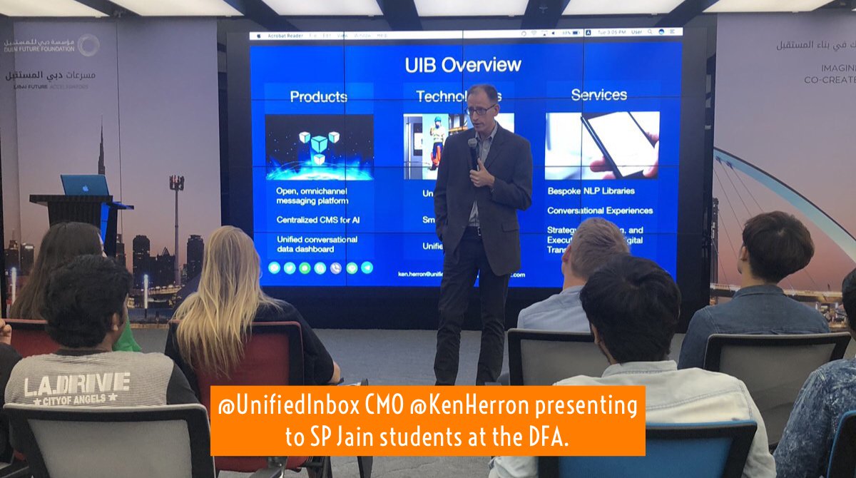 uibglobal's tweet photo. UIB #CMO @KenHerron spoke to #students from @SPJainGlobal today @Futureaccel in #Dubai about how they'll soon be using #IoT and #AI! 🇦🇪 #DFAcohort5 #internetofthings #artificialintelligence #h2m #smarthome #smartcity #industry40 https://t.co/mTC00Fxoti