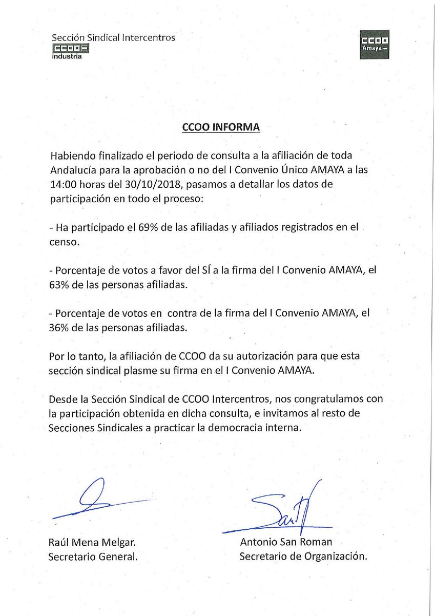 CCOOAMAYA's tweet photo. Remitimos comunicado sobre los resultados regionales del referéndum a las personas afiliadas a CCOO sobre el I Convenio AMAyA. https://t.co/XwFoiFVBkZ