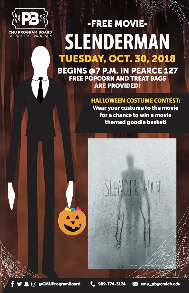 Be sure to join Program Board for a movie screening of Slenderman tonight at 7p.m. in Pearce 127. We will be hosting a costume contest, and handing out goodie bags of candy! #GetWithTheProgram